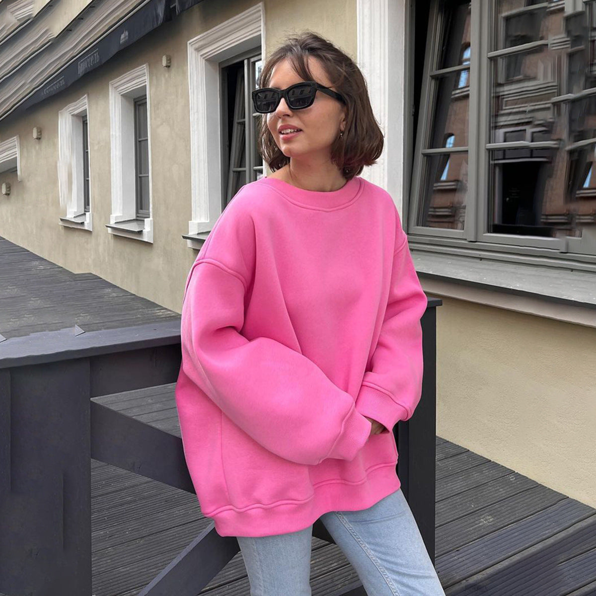 Round neck loose sweatshirt women's autumn winter Street solid color Oversize polar fleece pullover top