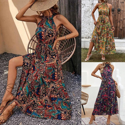 New Women's Printed Vintage Neck Bohemian Dress