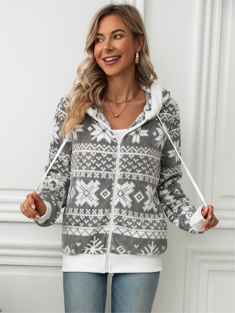 Women's autumn and winter New hooded cardigan Christmas style printed plush coat