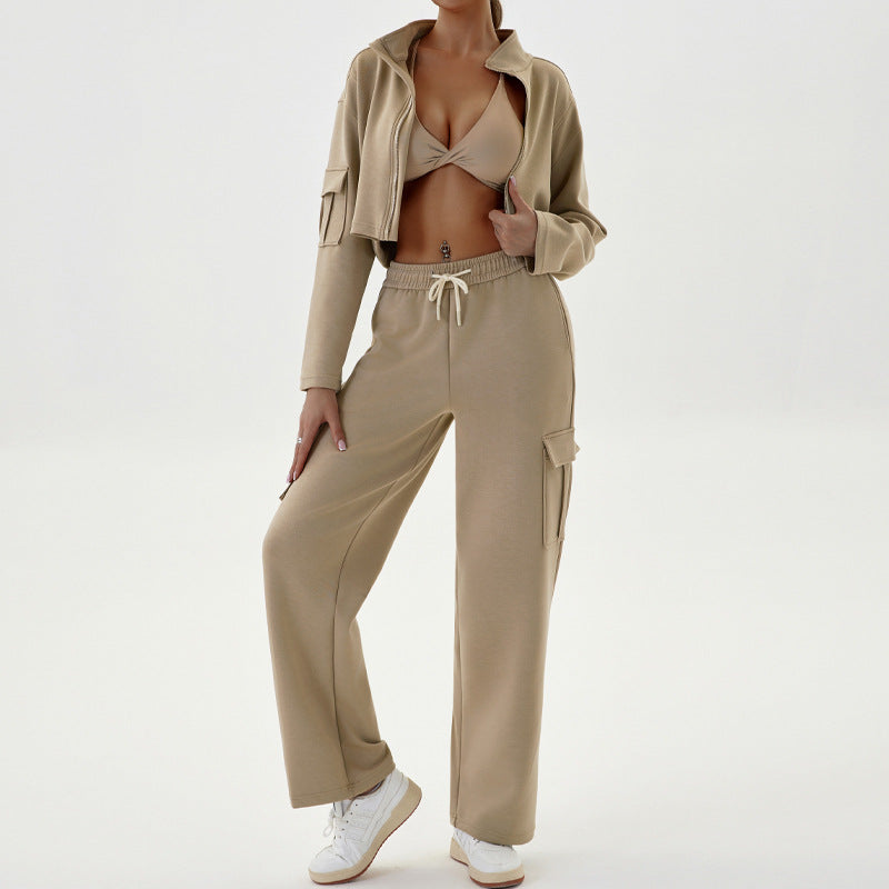 Autumn and winter women's tooling casual sports suit loose zipper jogging yoga suit