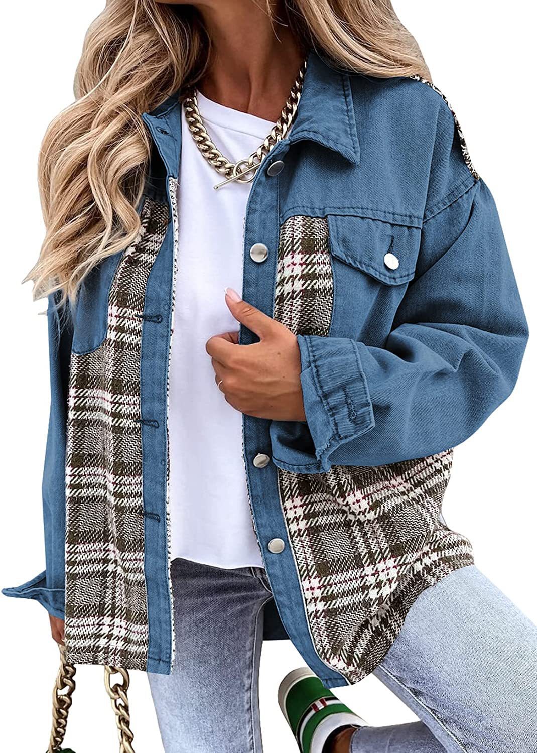 Autumn and winter Denim jacket long sleeve plaid button shirt jacket top