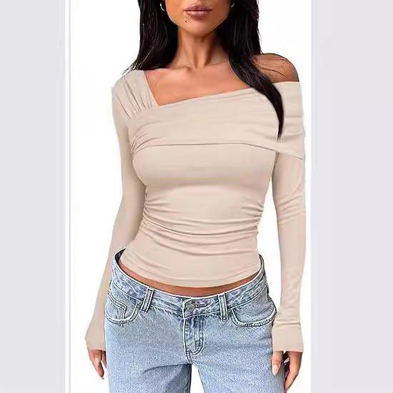 2024 spring and autumn Women's One shoulder long-sleeved top pleated out slim y2g T-shirt