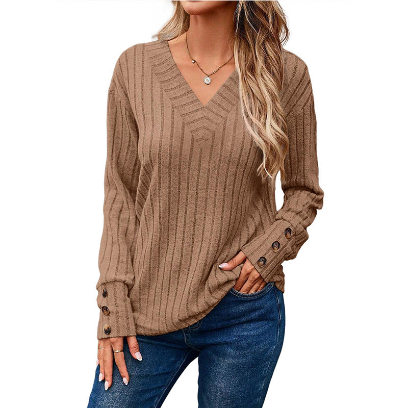 2024 autumn and winter women's long sleeve V-neck shirt solid color buttons T-shirt