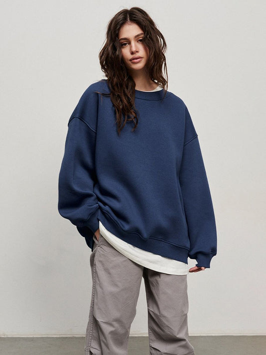 Round neck loose sweatshirt women's autumn winter Street solid color Oversize polar fleece pullover top