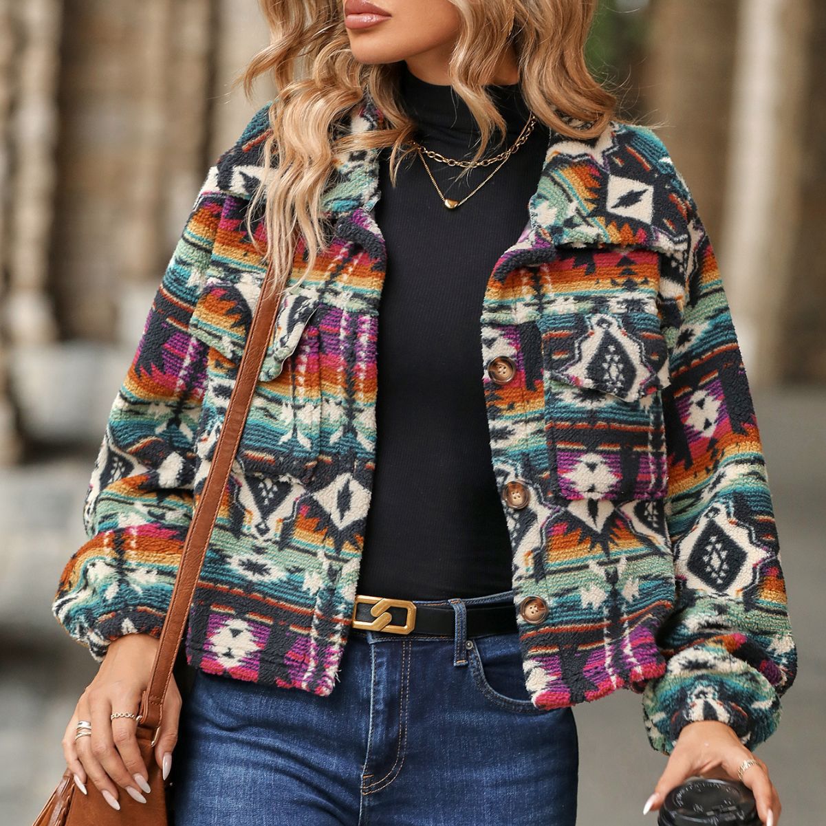 Autumn and Winter new women's clothing boho ethnic print loose long sleeve short coat women