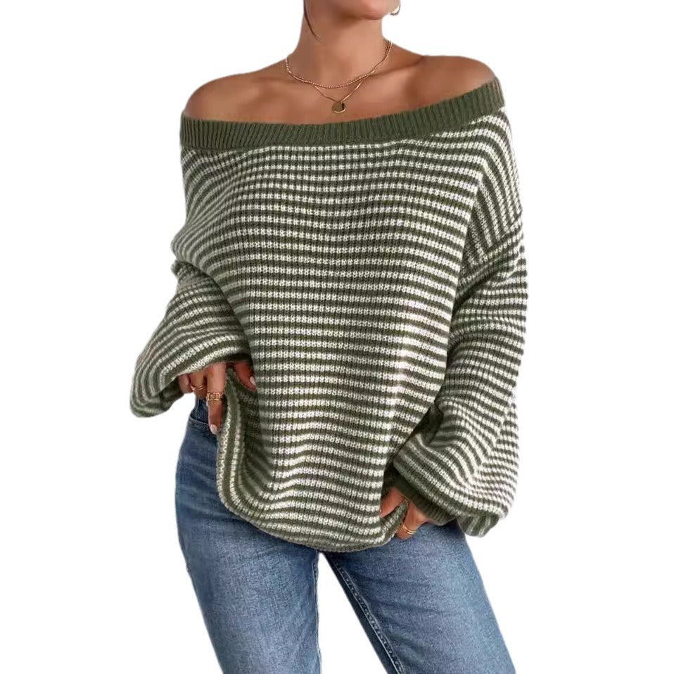 Off-the-shoulder sweater all-match loose contrast color striped lantern sleeve lazy sweater women