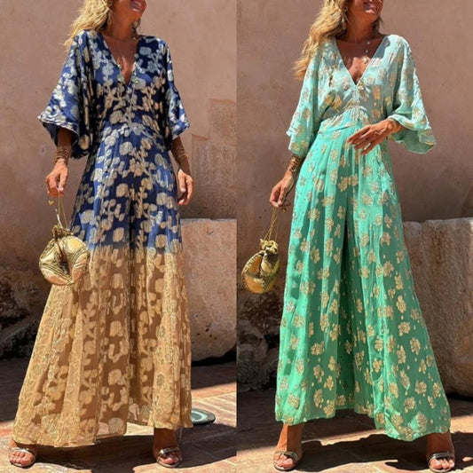 New jumpsuit printed V-neck halter waist wide-leg jumpsuit