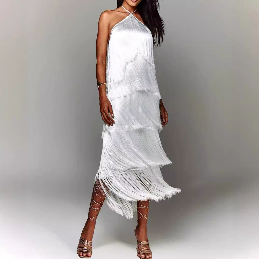 Fashion neck fringed backless slit dress