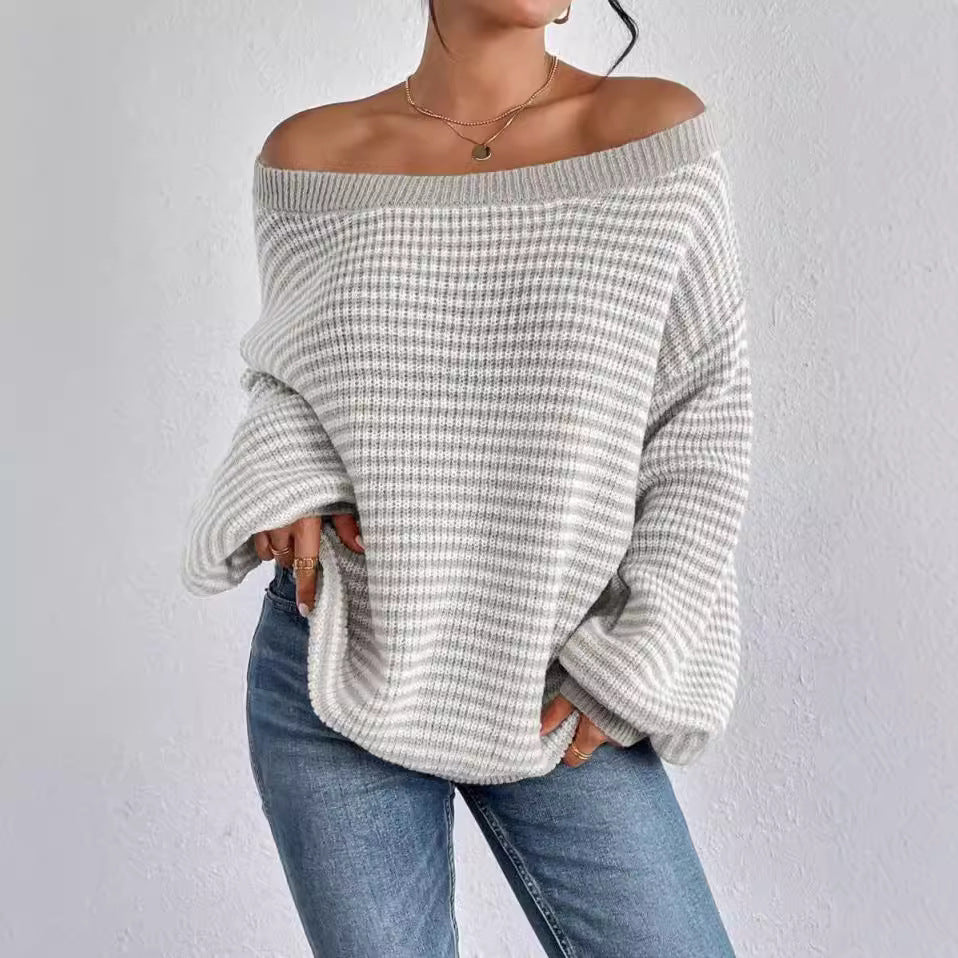 Off-the-shoulder sweater all-match loose contrast color striped lantern sleeve lazy sweater women