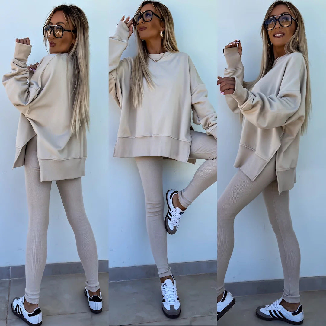 Spring sweater suit women's European and American casual loose long-sleeved round neck split top tight trousers