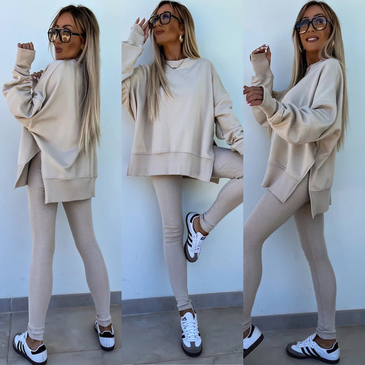 Spring sweater suit women's European and American casual loose long-sleeved round neck split top tight trousers