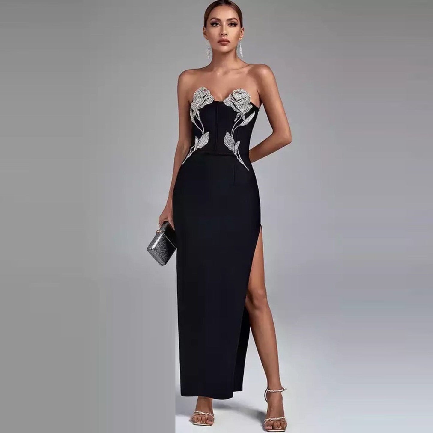 Black Luxury Long Dress With Diamond Bandage Dress Party