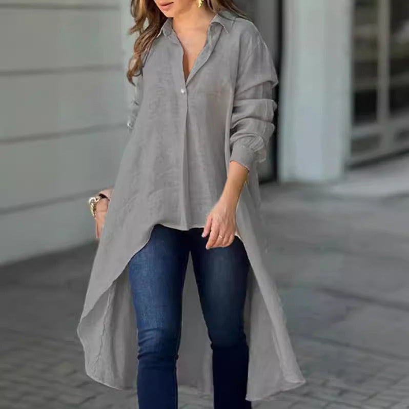 Autumn women's top elegant long sleeve fashion solid color loose lapels shirt Women