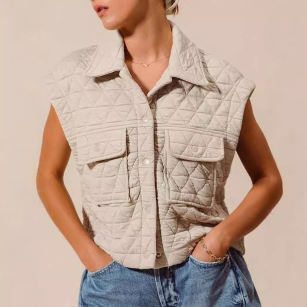 Button pocket lapels quilted winter vest women's clothing