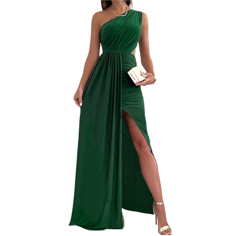 Solid color dress skirt European and American elegant style single shoulder hollow pleated split waist skirt
