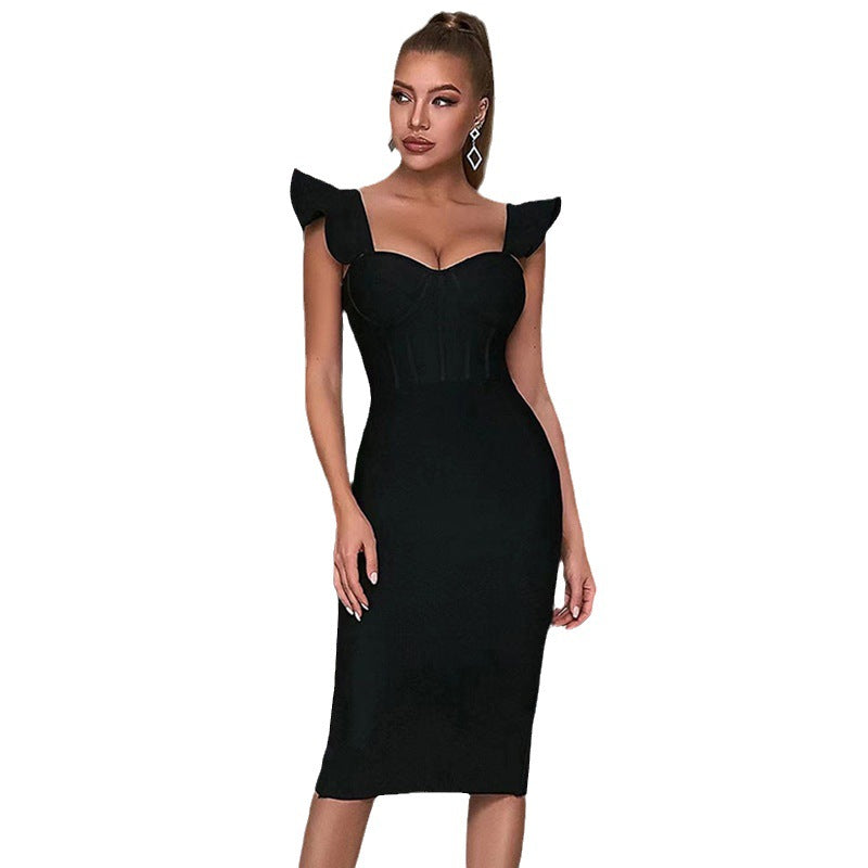 Classic Square Collar Ruffle Sleeve Stretch Bandage Dress Party