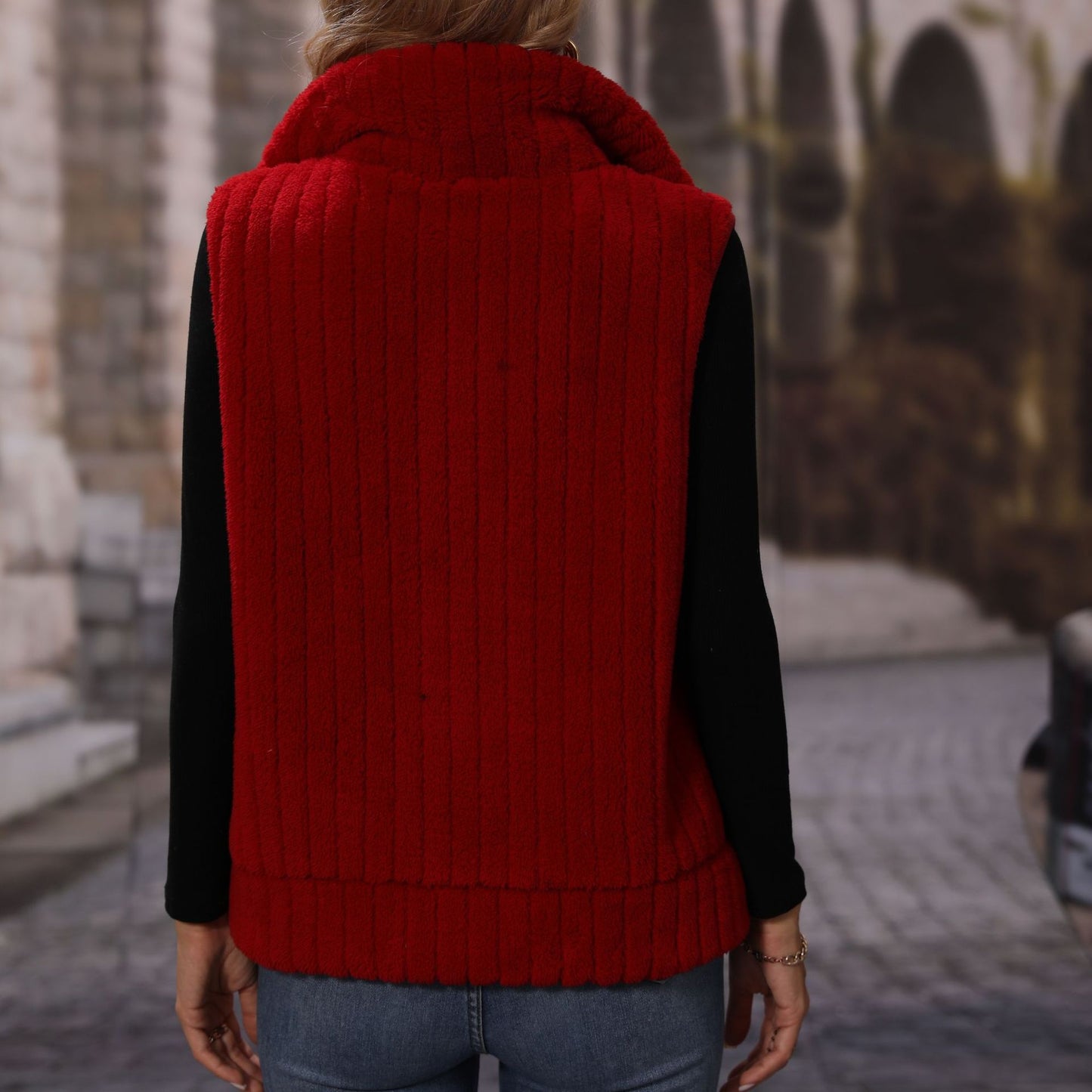 Women's autumn clothing lapel sleeveless loose striped zipper plush casual vest coat