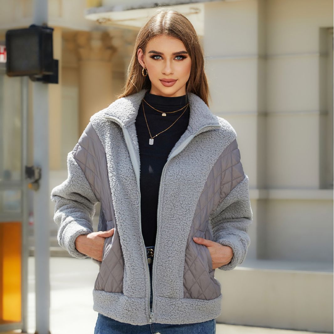 Women's autumn and winter long sleeve cardigan zipper plush stitching women's coat