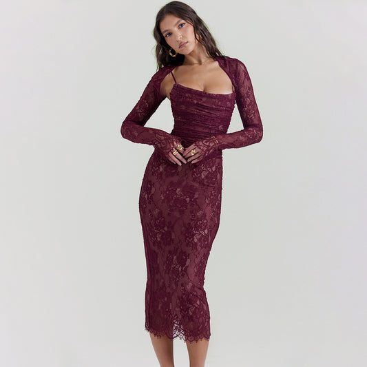 Sexy Lace Suit Shawl Cardigan Slim Long Halter Dress Two-Piece