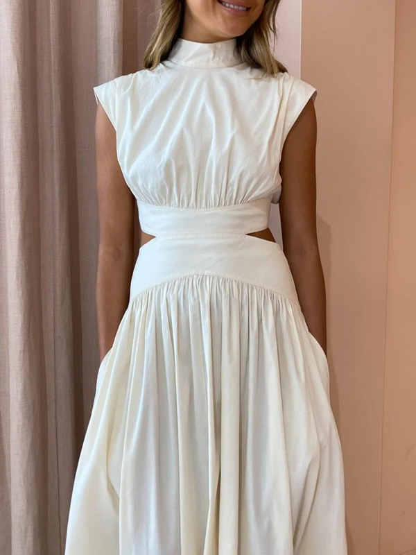 Sleeveless Collared Hollow Out Maxi Dress