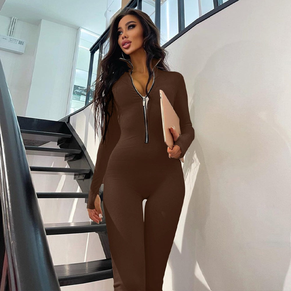 Women's long sleeve autumn and winter jumpsuit long metal zipper slim fit sports overalls