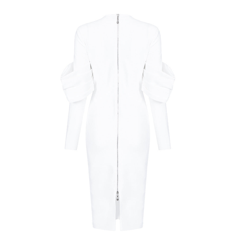 Elegant Women White Long Sleeve Party Evening Midi Dress