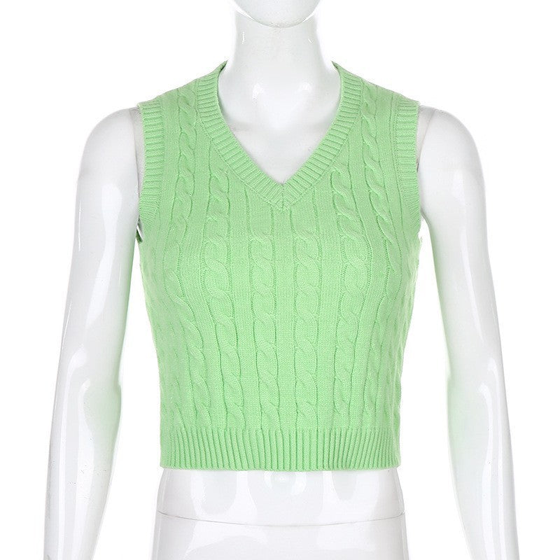 Women's top new V-neck twist woolen vest knitted bottoming shirt