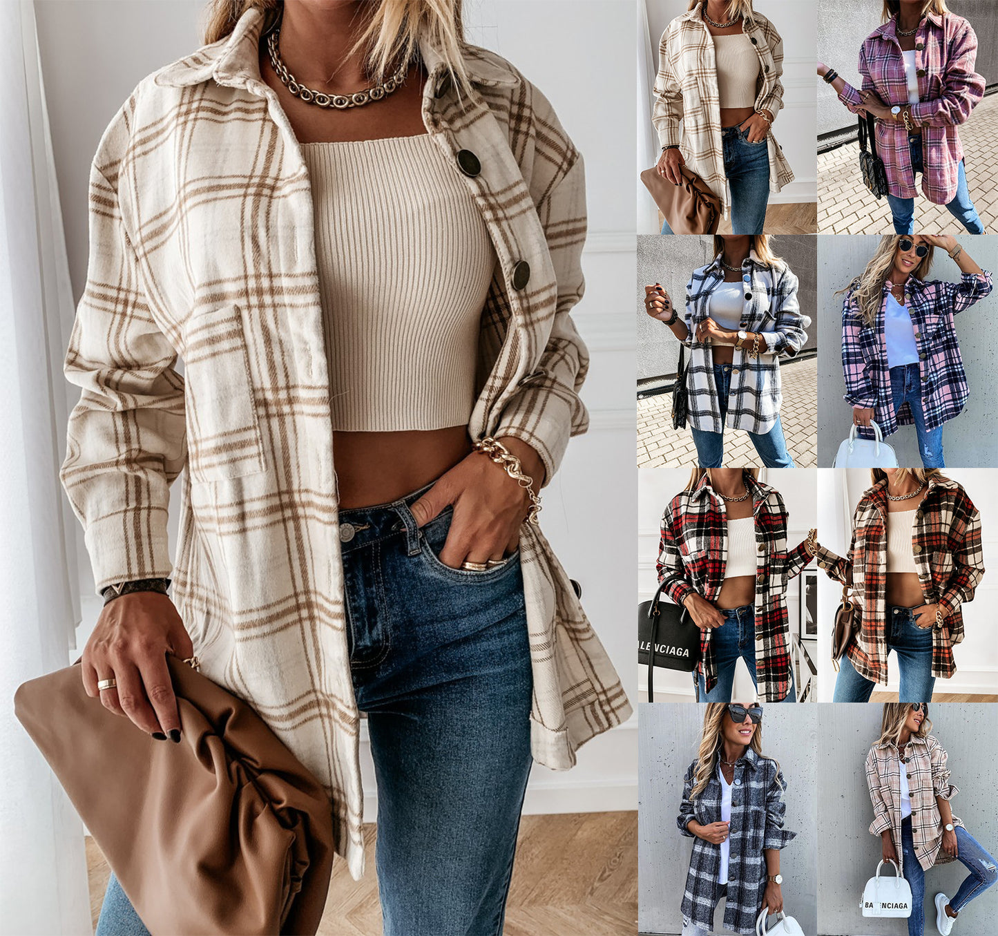 Women's autumn and winter loose casual retro plaid long sleeve shirt coat