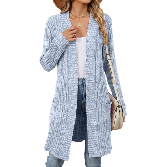 Autumn and Winter long solid color long sleeve loose pockets cardigan coat women's clothing