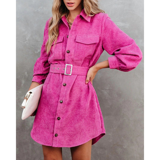 Women's New 2024 autumn and winter solid color corduroy casual belt shirt dress