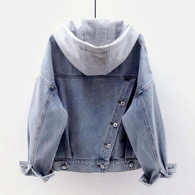 New Korean version hooded denim jacket women's short fashion big pocket jacket