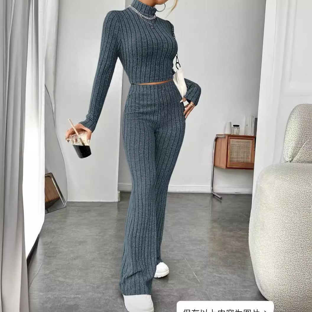 Autumn and Winter solid color knitted long sleeve turtlenecks wide leg high waist trousers suit