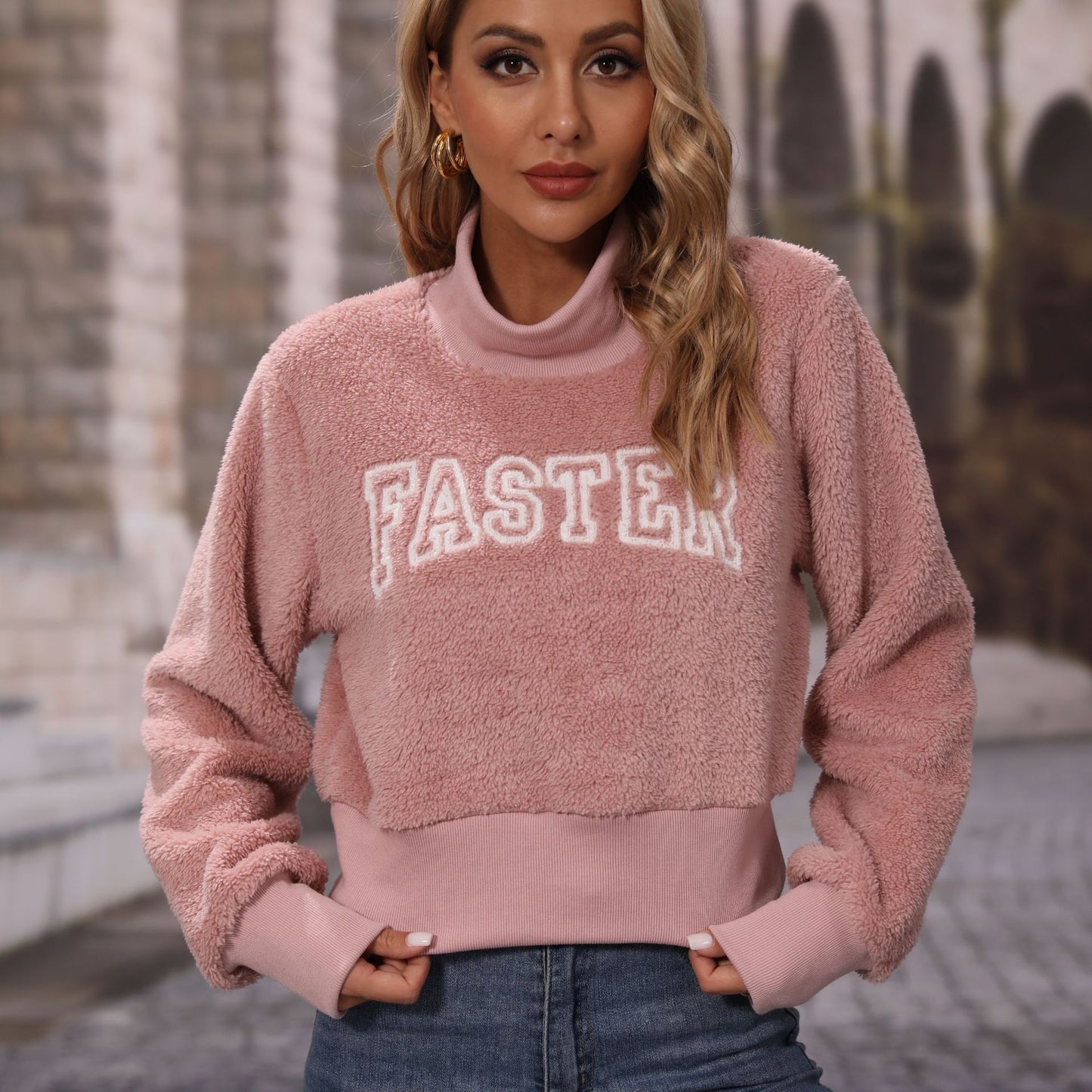 Autumn women's round-neck pullover long sleeve alphabet embroidery pink sweatshirt