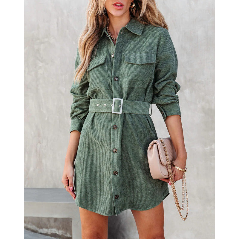 Women's New 2024 autumn and winter solid color corduroy casual belt shirt dress