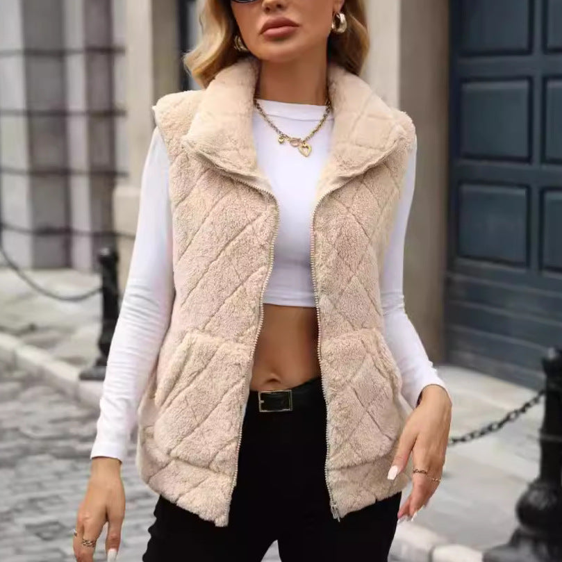 Women's clothing autumn and winter cardigan loose zip diamond lattice coat plush vest（2025）