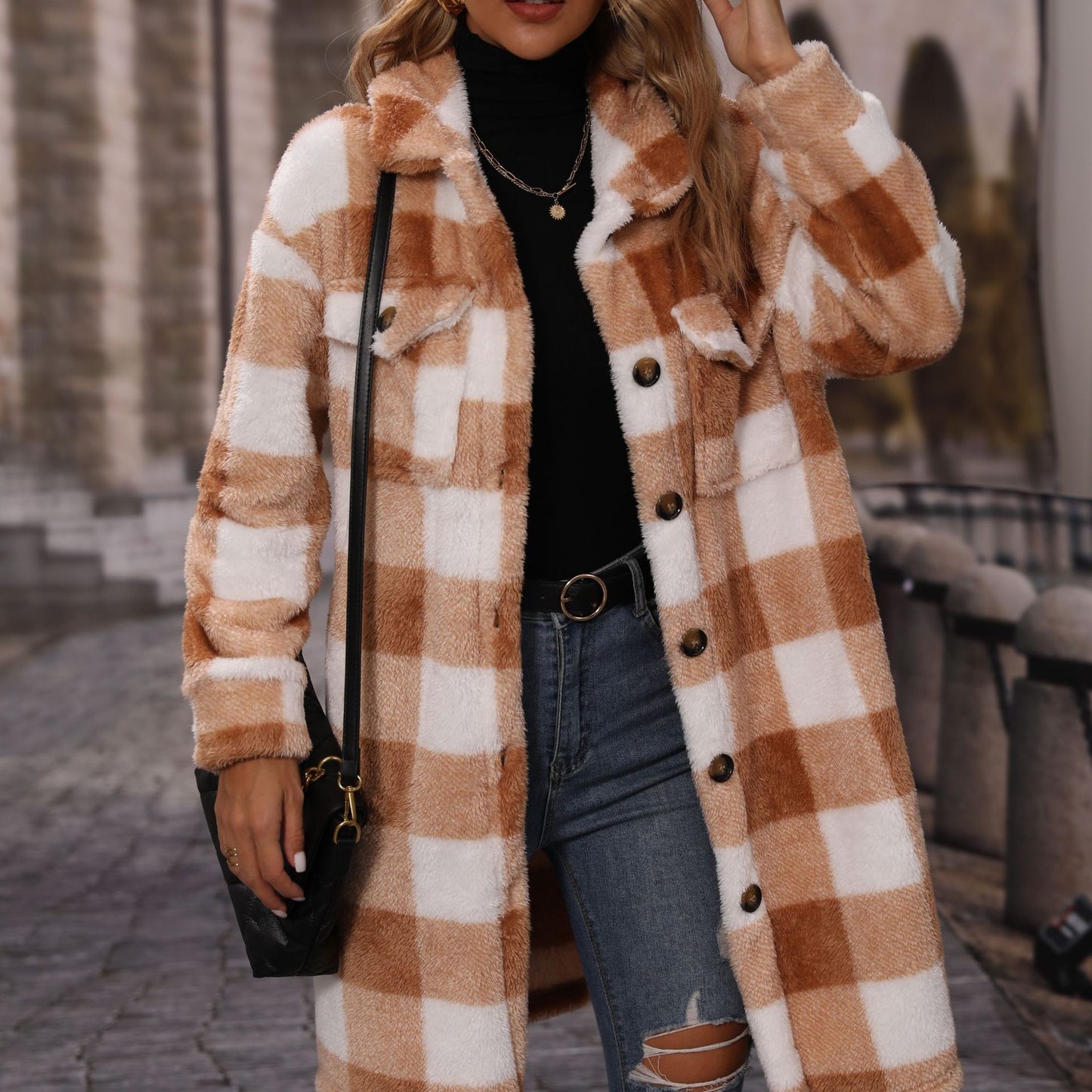 Autumn winter women's wear lapel long sleeve loose plaid single-breasted long plush casual coat