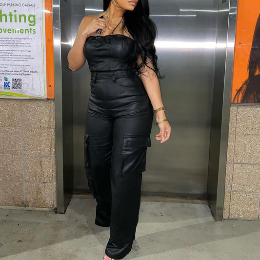 Sexy off-the-shoulder tube top tight-fitting waist PU leather jumpsuit