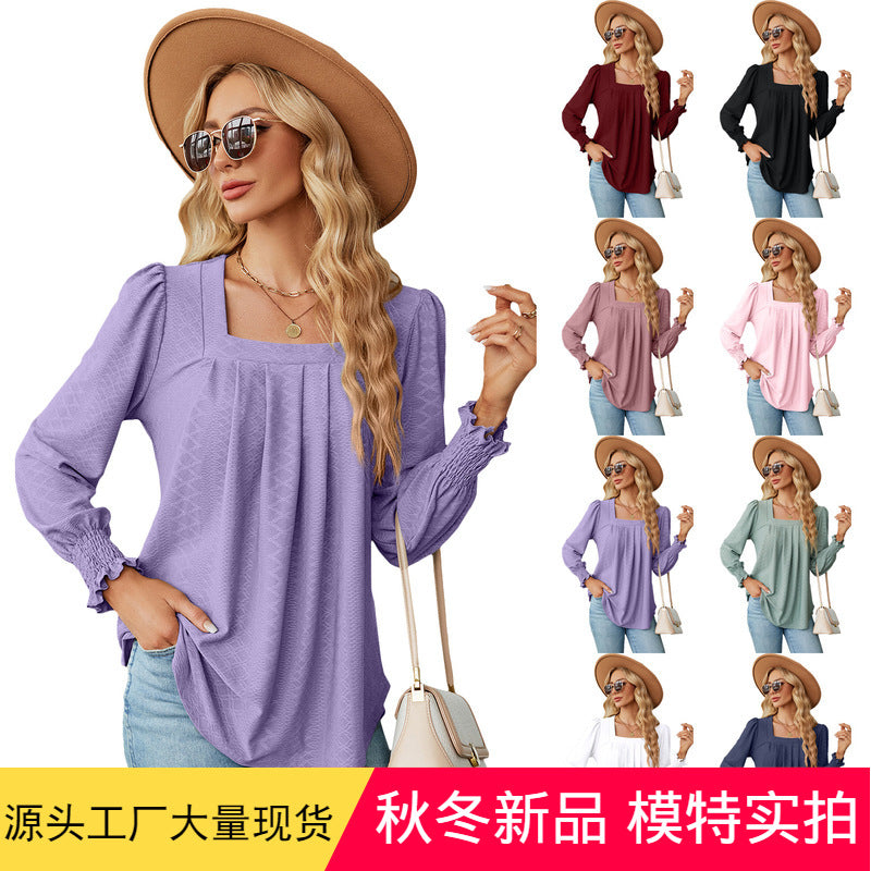 Autumn and Winter new jacquard pleated square collar long sleeve dovetail solid color T-shirt for women