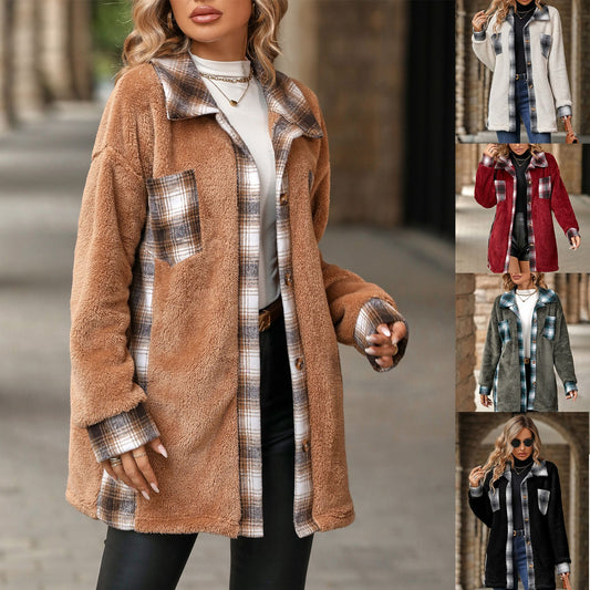 Women's autumn and winter New single-breasted lapel mid-length Plaid plush coat
