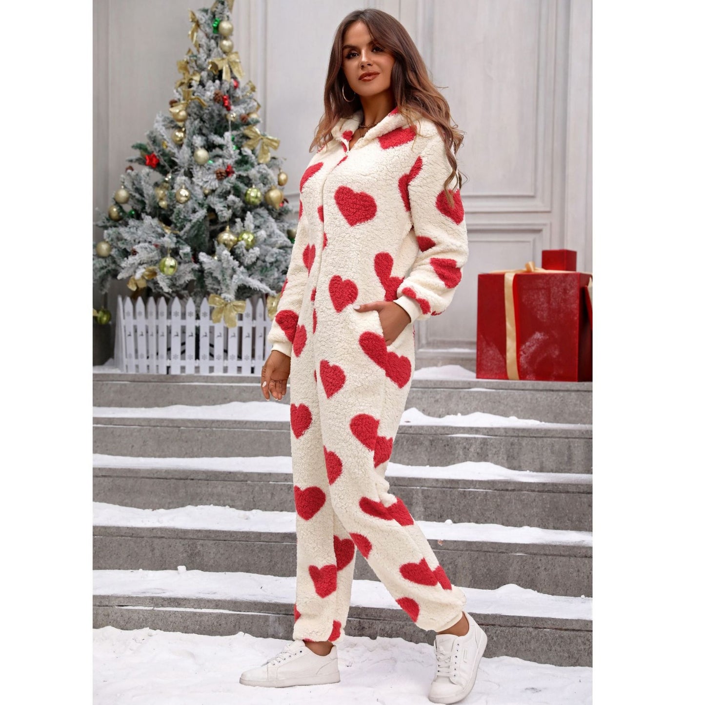 Women's autumn and winter New plush loving heart printed Christmas hooded jumpsuit