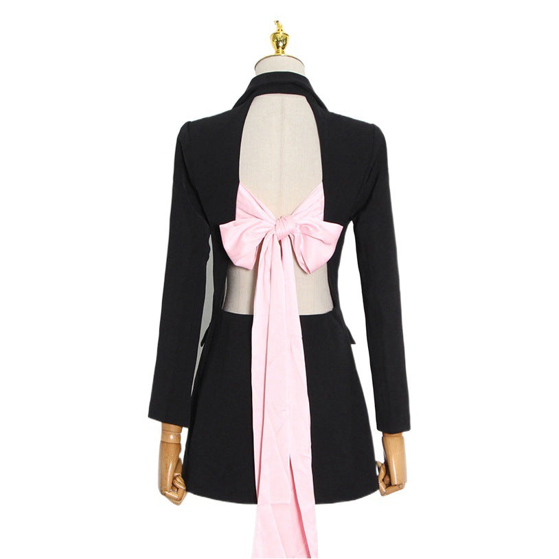 Black Suit 2024 Spring Two Buttons Sexy Stitching Bow Strap Personalized Women'S Fashion Coat