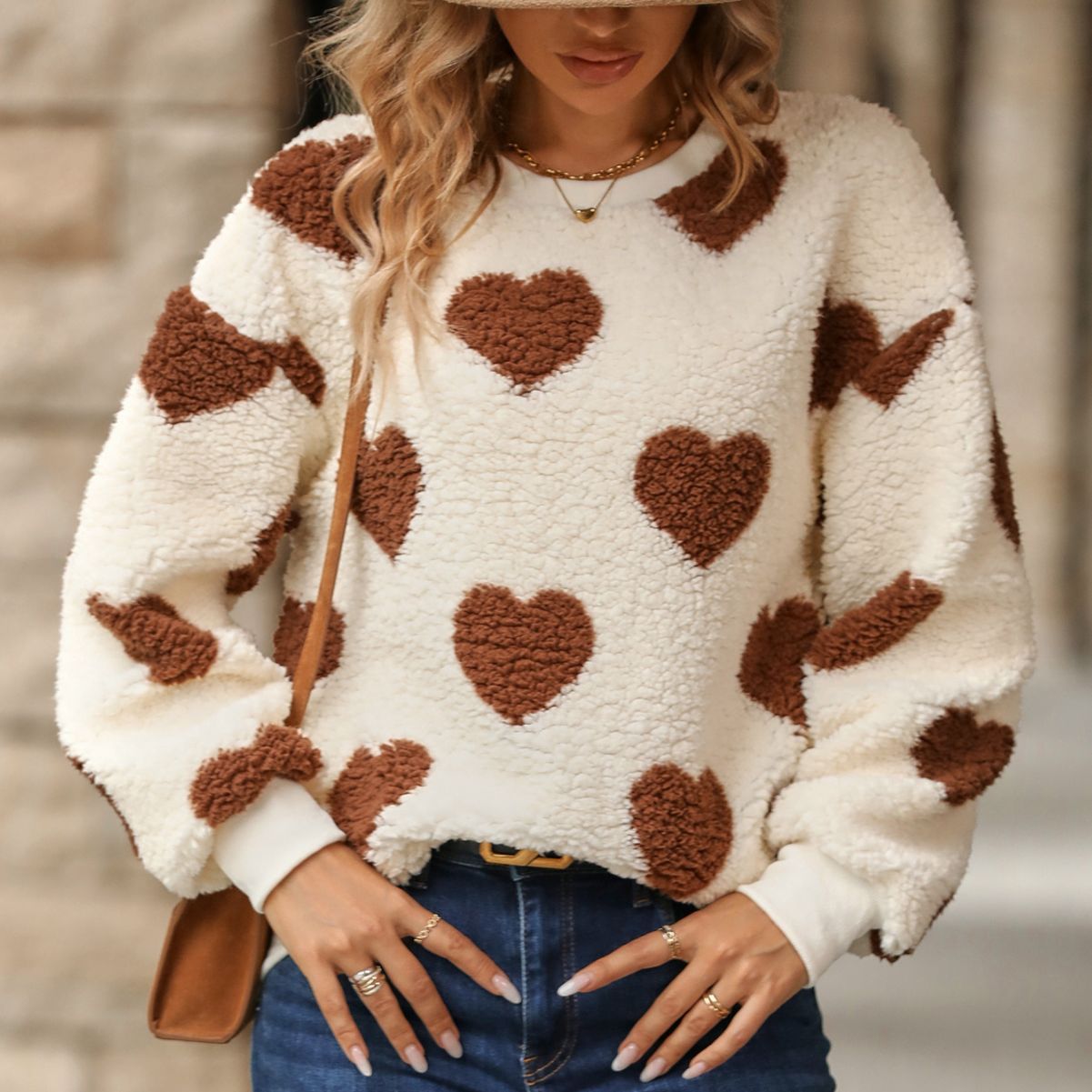 Autumn and Winter new plush loving heart printed loose long sleeves crew neck pullover sweatshirt