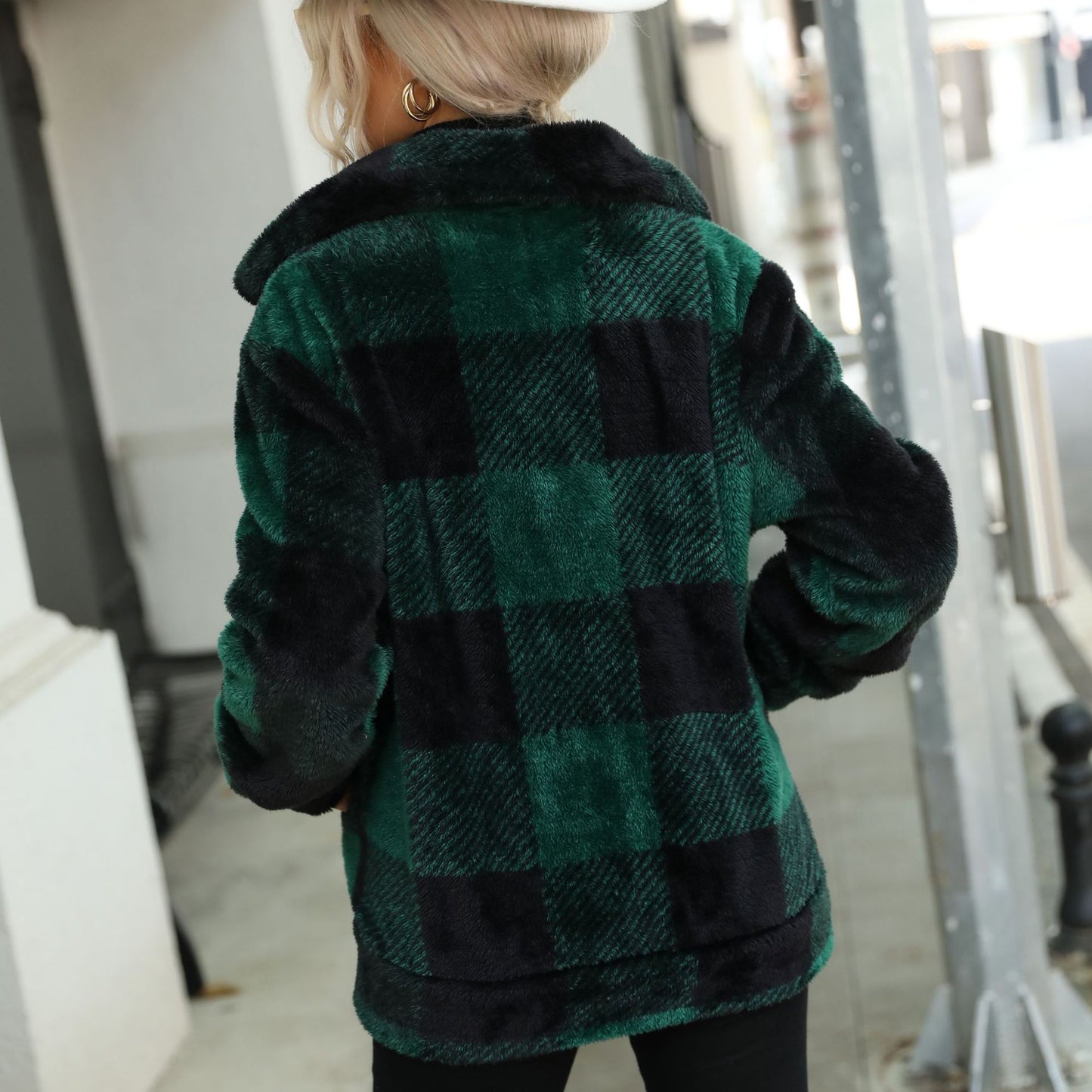 Women's autumn and winter clothing long sleeve stand collar plaid printed mid-length zipper double-sided plush coat