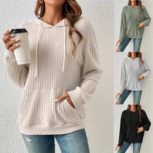 Autumn Winter Coat women's knitwear hooded sunken stripe kangaroo pocket sweatshirt