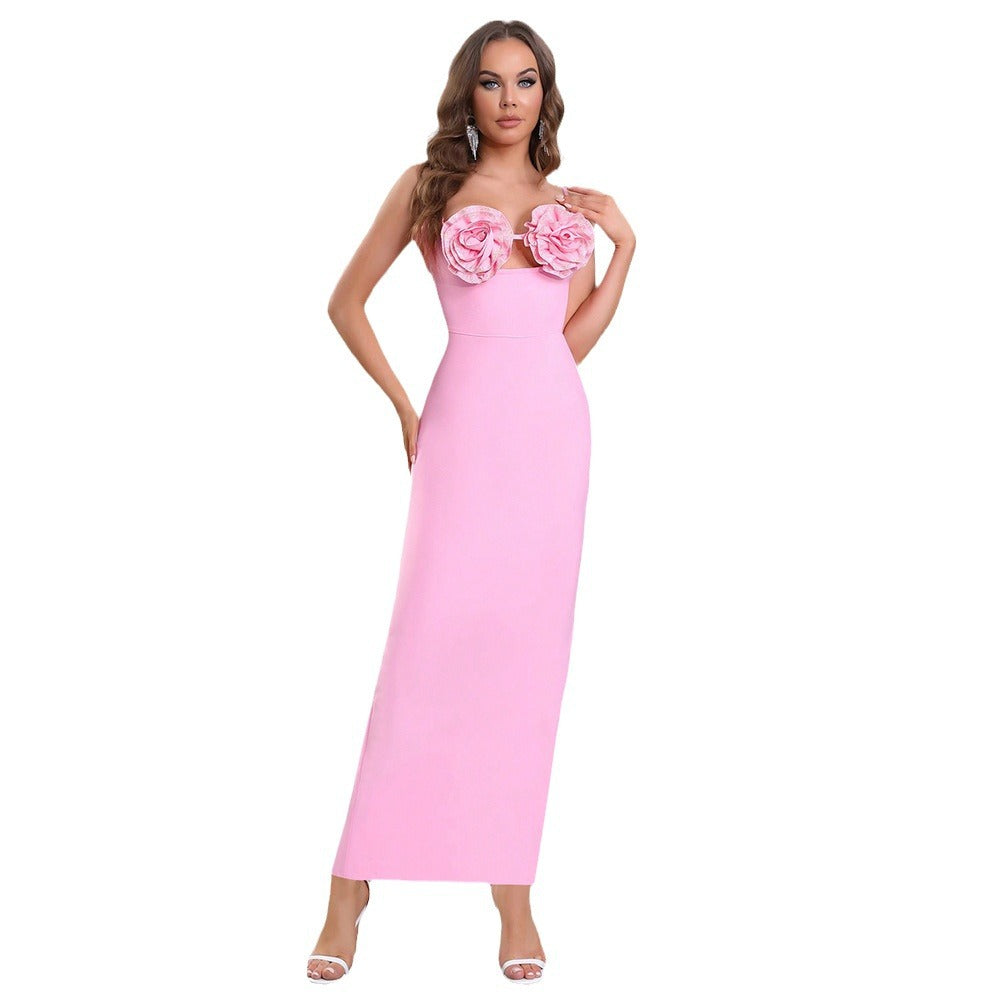 Pink 3D Flower Diamond Hollow Sleeveless Suspender Bandage Dress