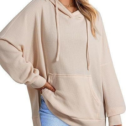 Women's hoodie waffle knitted side slit pullover sweater with pocket long sleeve