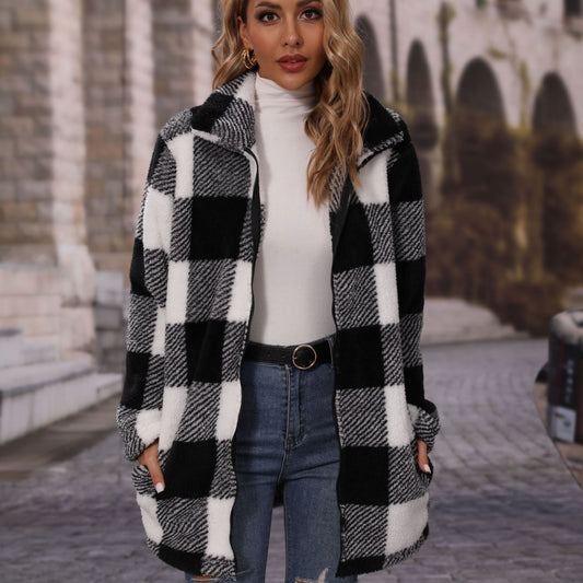 Women's autumn clothing lapel long sleeve loose plaid zipper double-sided velvet casual long coat