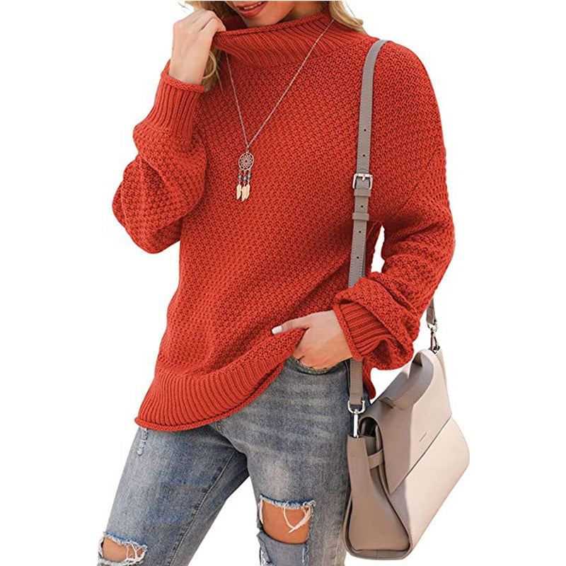 Women's sweater half turtleneck large size sweater bat long sleeve pullover loose solid color sweater