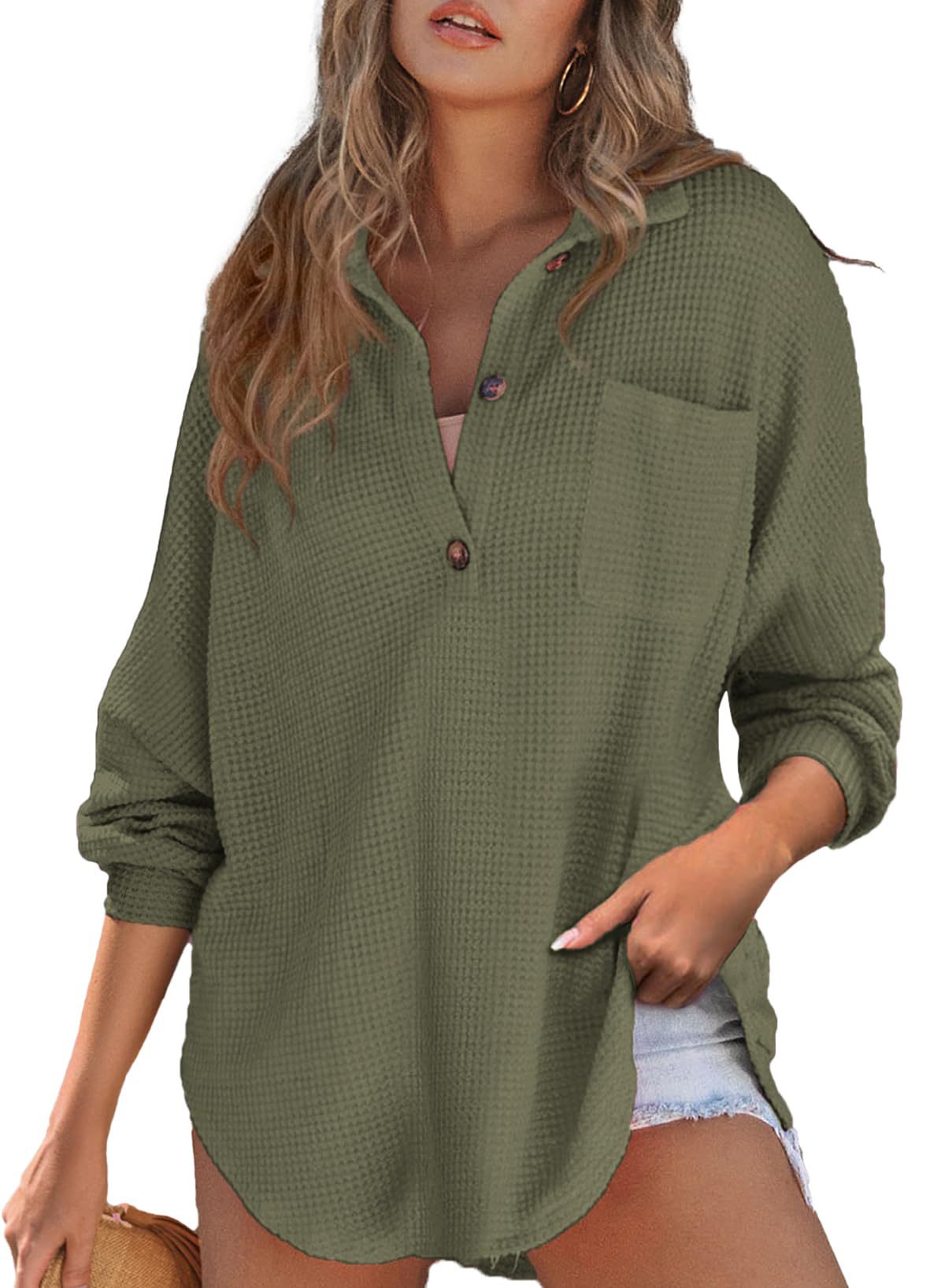 Autumn and Winter waffle knitted top polo Women's top long sleeve T-shirt