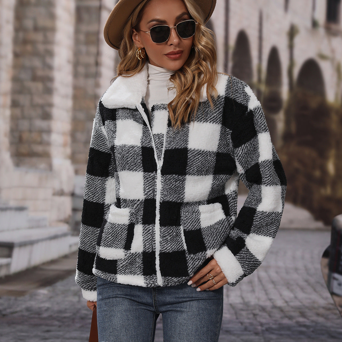 Women's autumn clothing lapel long sleeve loose zip plaid double-sided velvet casual jacket